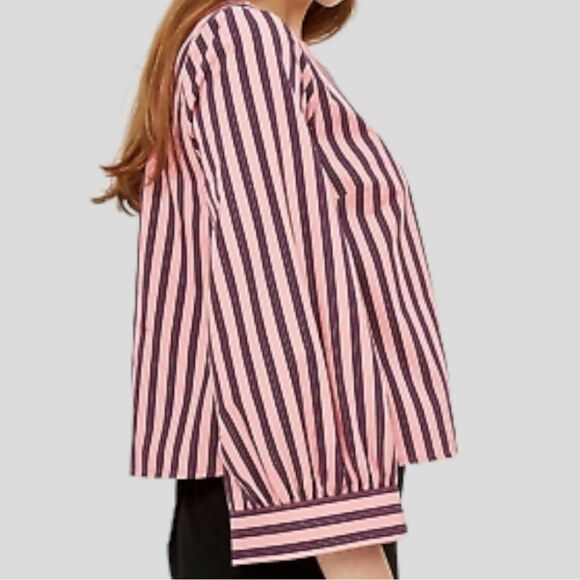 Topshop Pink Regimental Striped Balloon Sleeve Blouse Top US 4 NWOT - Picture 2 of 5